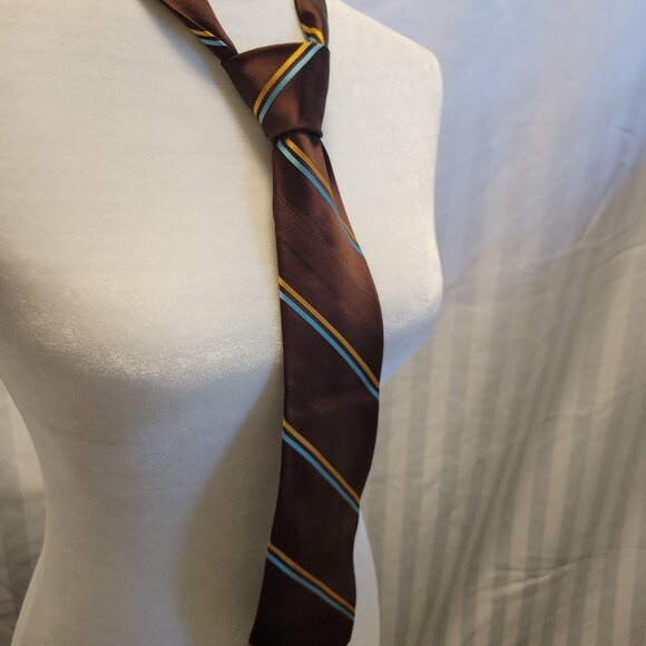 Brown Holt Renfrew Neck Tie with blue and gold stripes EUC - Picture 3 of 5